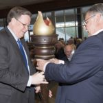 Mitch Mitton presenting Dr. Guice with the new mace at the 2019 Benefactor's Dinner.