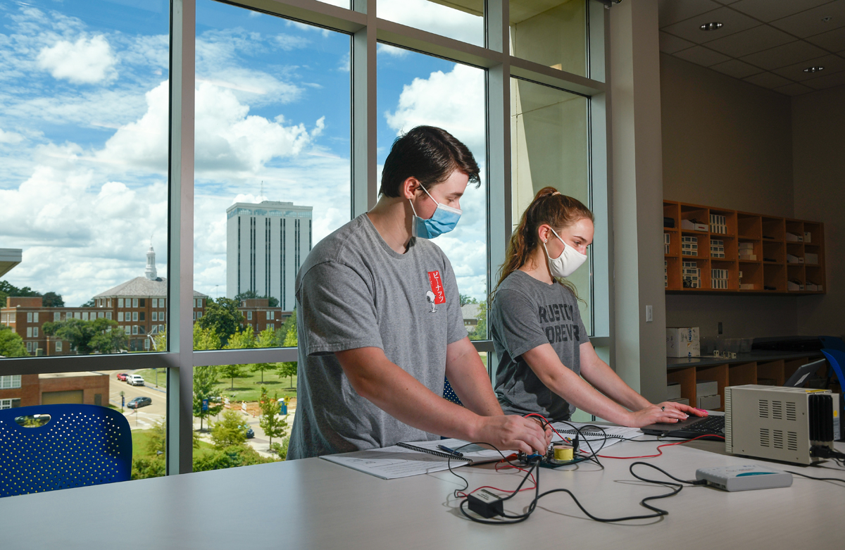 Louisiana Tech University freshmen attend class in the Integrated Engineering and Science Building during summer school on July 17, 2020. Because of the COVID-19 pandemic, students are encouraged to wear masks on campus.