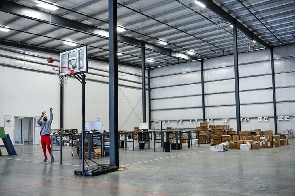 Marlon Watts shoots hoops in the WRLDINVSN headquarters.