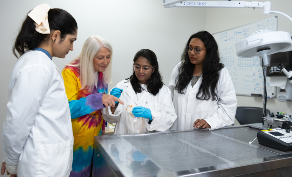 Dr. Terri Murray and three students gather around a table to look at a fake mouse. 