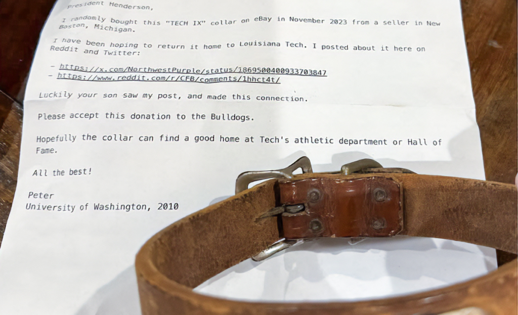 A letter from Peter Kamb is shown with the dog collar in the right foreground