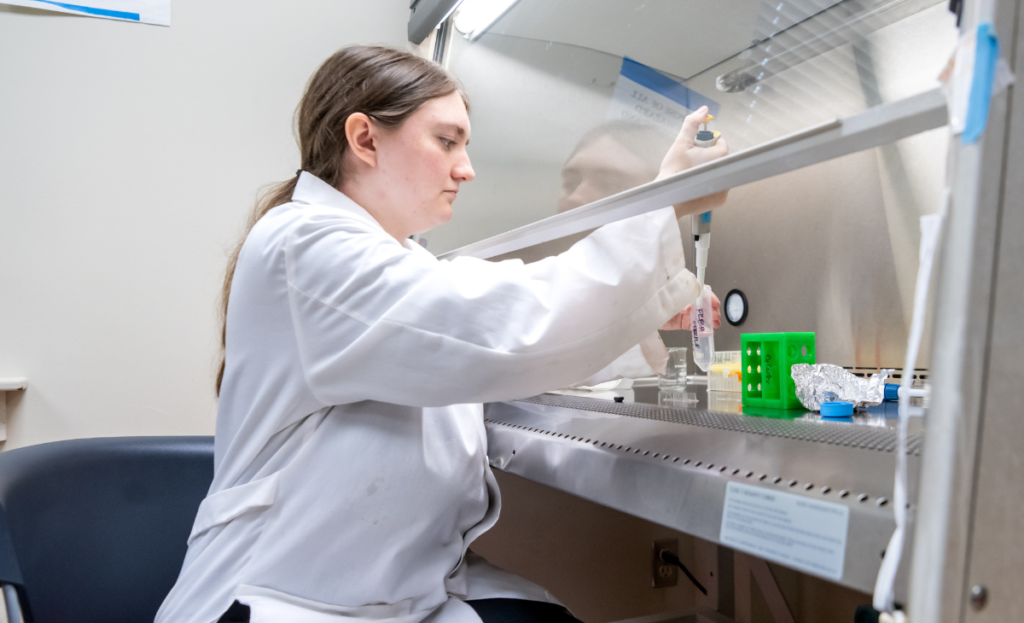 Jenna Etheridge preparing a sample of beads for the microscope.