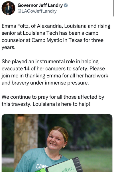 Governor Jeff Landry's social media post recognizing Emma Foltz's story. 